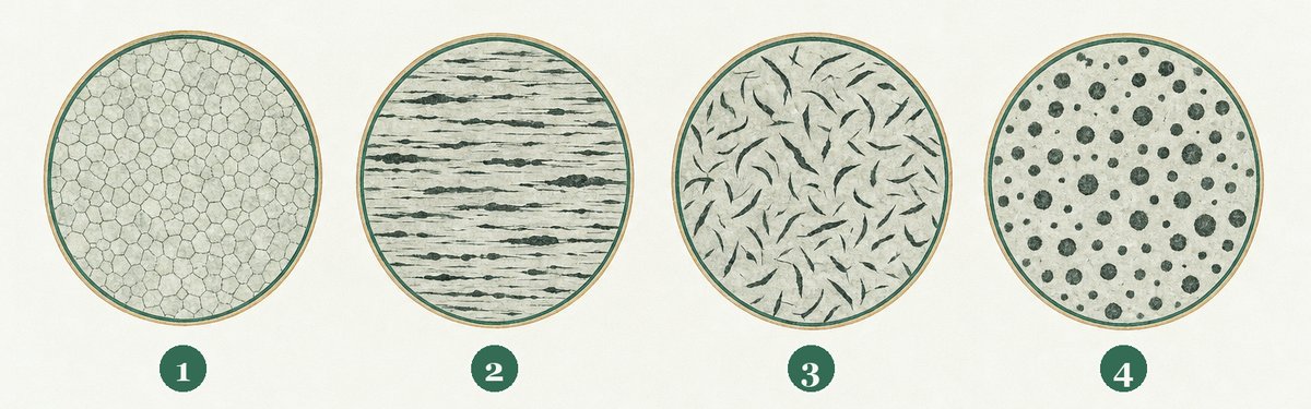 Four circular magnified views of polished metal, numbered 1 to 4: an even network of small grains; dark streaks all running one way; scattered dark curved flakes; scattered dark round spots.