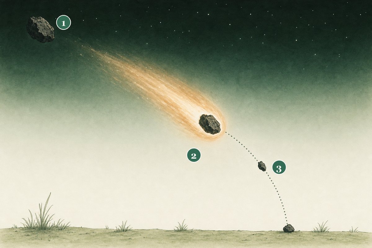 Diagram of one natural object's path, numbered 1 to 3: a dark rock in space; the same rock entering the atmosphere at the head of a glowing streak; then, where the glow ends, a smaller unlit fragment falling along a dotted path to a stone on the ground.